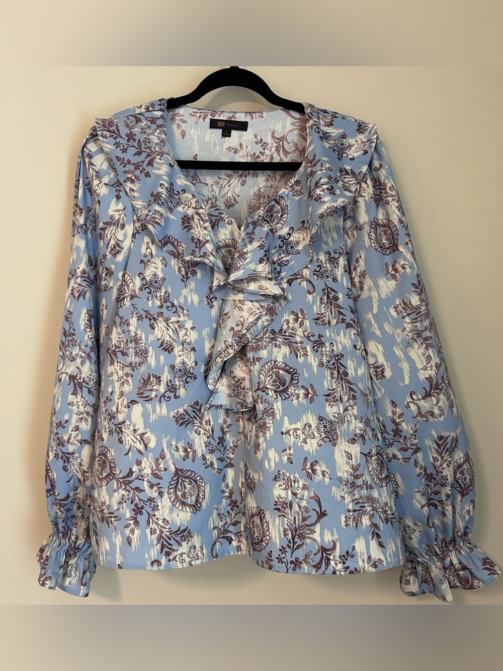 Frye Women’s Large Blue Floral Ruffle Blouse Boho Western Ella Langley